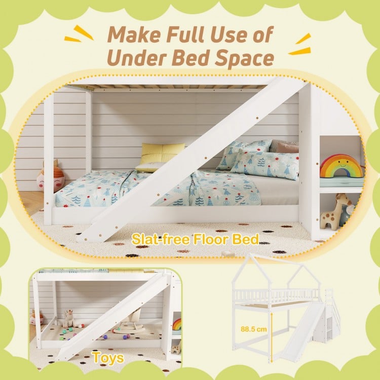 Twin over twin bunk bed with slide and staircase in white, featuring under-bed storage and safety guardrails for kids.
