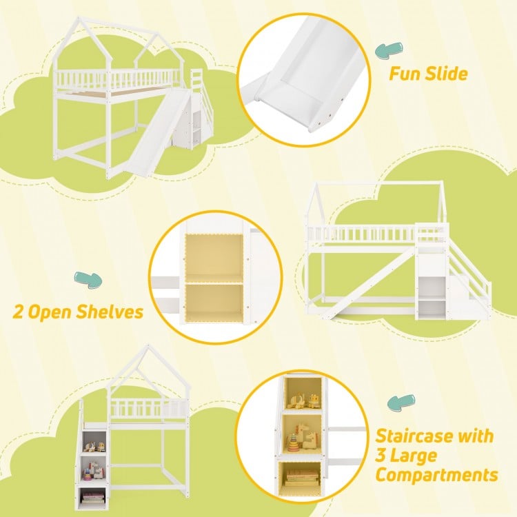 Twin over twin bunk bed with slide, staircase, and open shelves in white, perfect for fun and organized sleeping space.