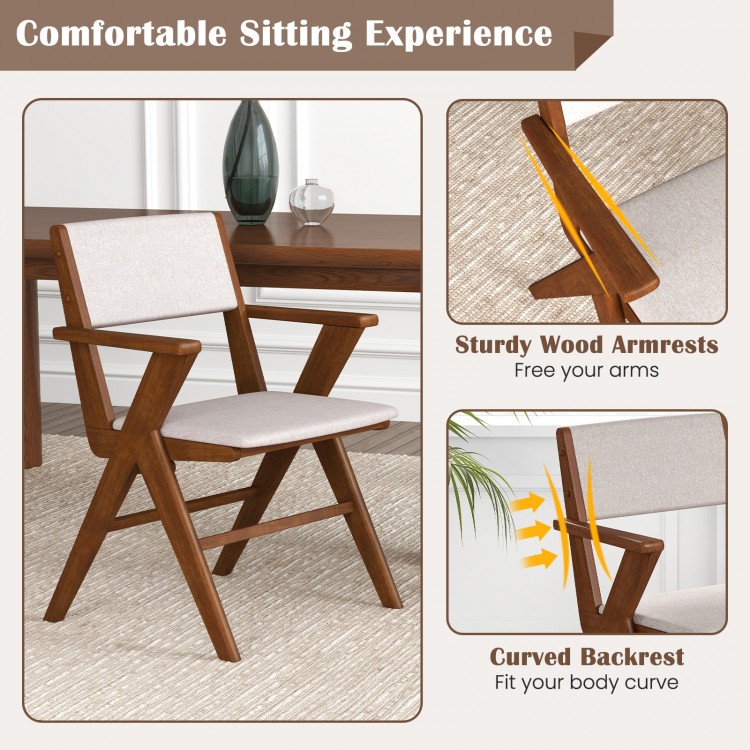 Wooden dining chair with rubber wood frame and linen upholstery, featuring curved backrest and sturdy armrests for.