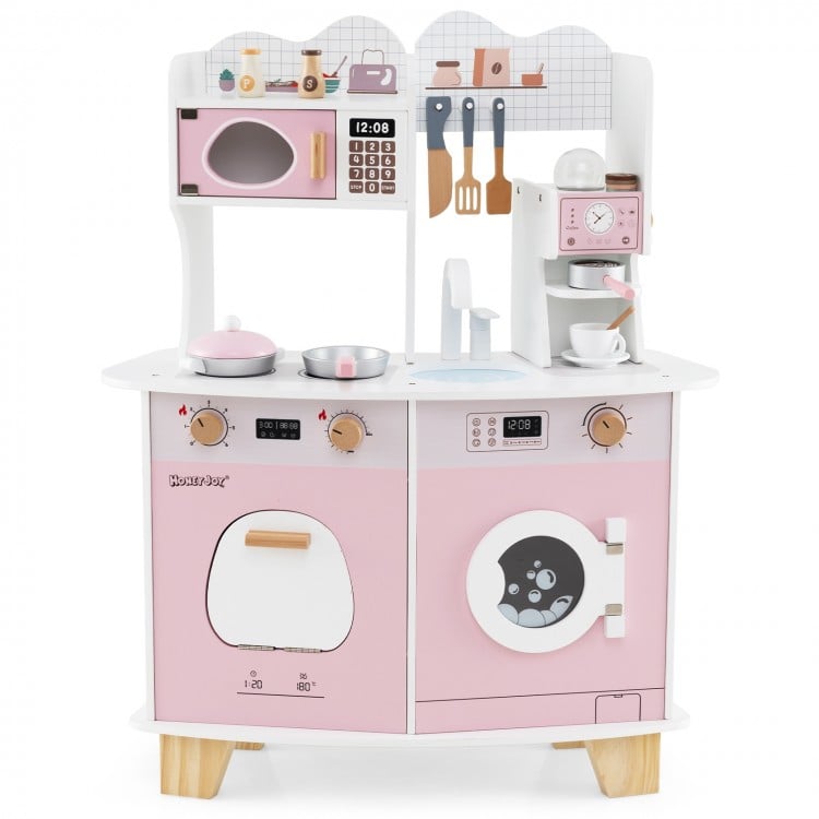 Wooden kids kitchen playset in pink featuring a coffee maker, oven, and sink, perfect for imaginative play.