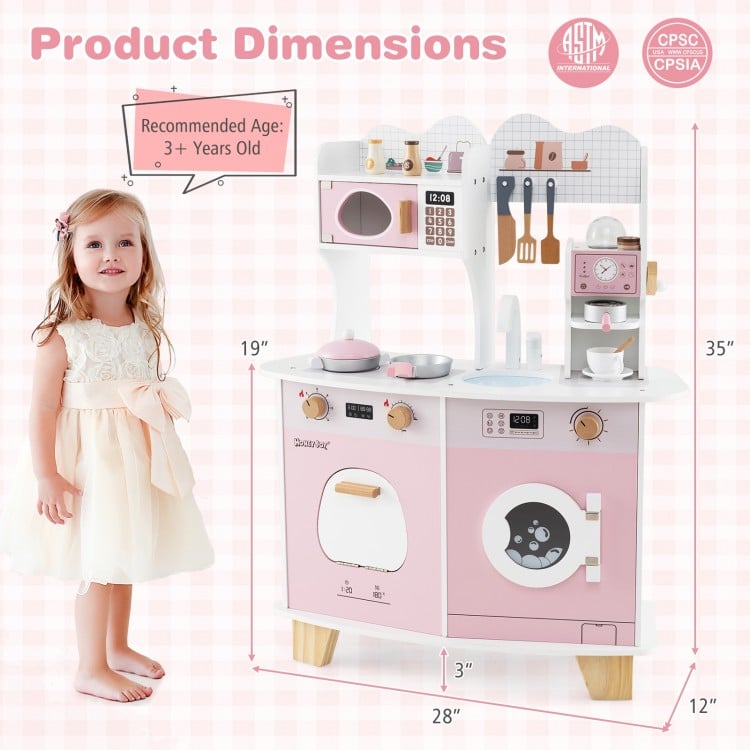 Wooden kids kitchen playset in pink featuring a coffee maker, oven, and realistic knobs, ideal for imaginative play.