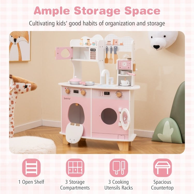 Wooden kids kitchen playset in pink with coffee maker, oven, and storage racks for imaginative cooking fun.