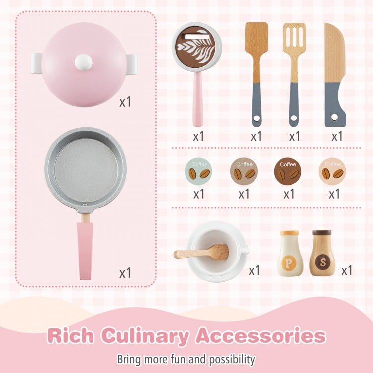 Wooden kids kitchen playset in pink featuring a coffee maker, stove, and utensils for imaginative cooking fun.