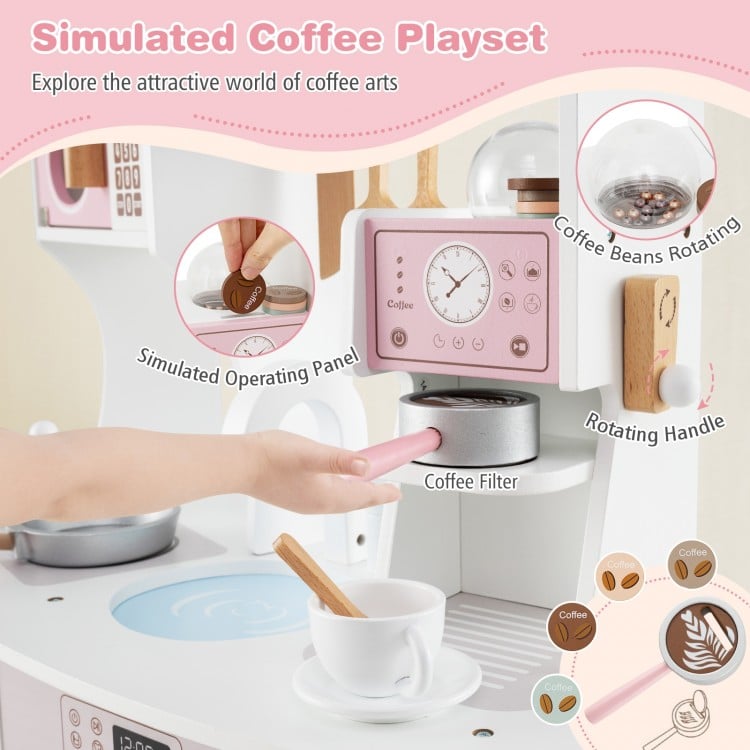 Wooden kids kitchen playset with pink coffee maker, featuring a simulated operating panel and rotating coffee filter.