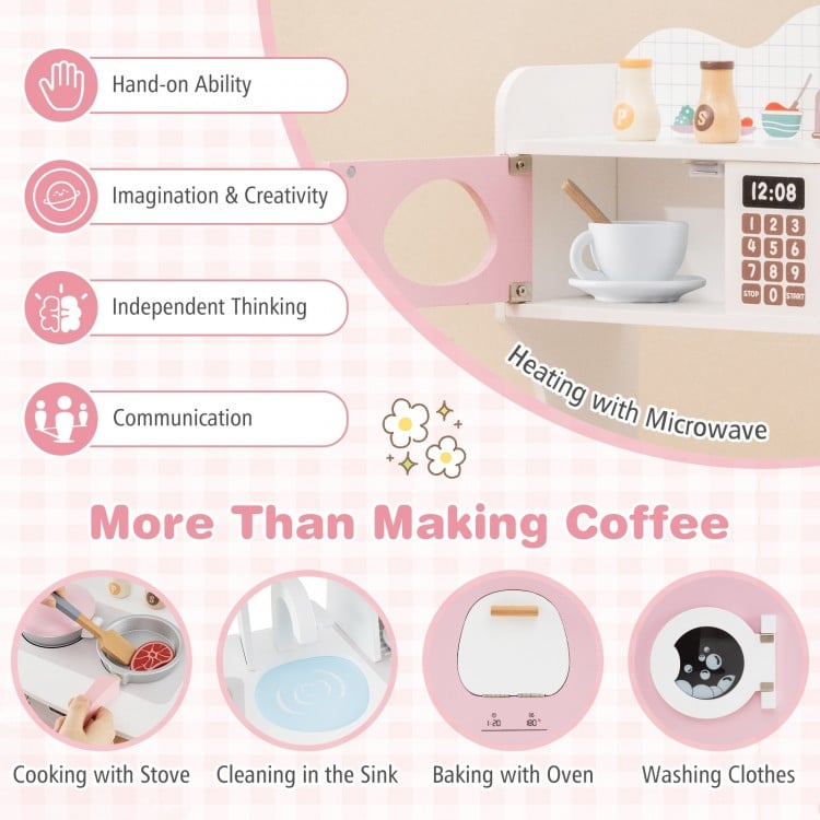 Wooden kids kitchen playset in pink featuring a realistic coffee maker, microwave, oven, and sink for imaginative play.