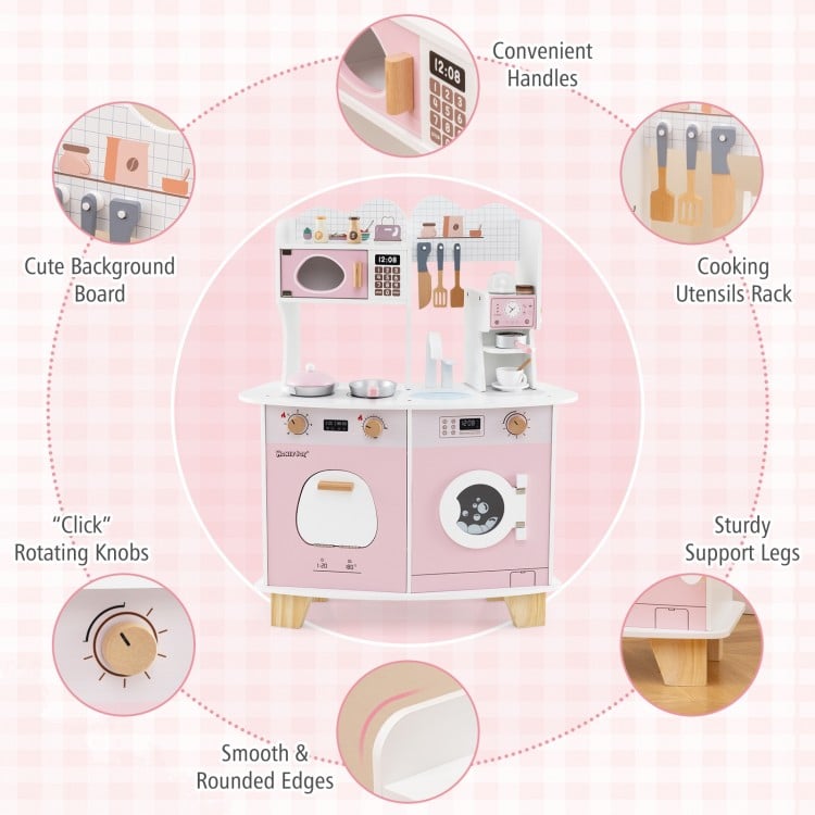 Wooden kids kitchen playset in pink featuring a coffee maker, microwave, and realistic rotating knobs for imaginative.