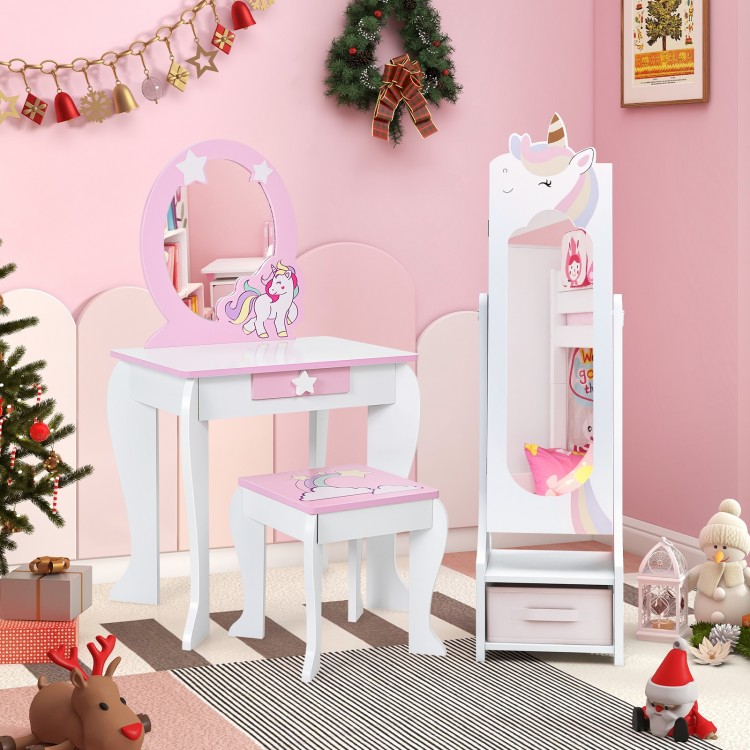 Kids jewelry armoire cabinet in white with full-length mirror, storage compartments, and two adjustable tilt angles.