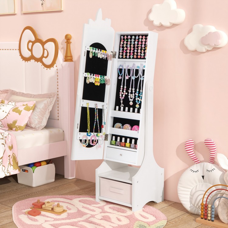 Kids jewelry armoire cabinet in white with a close-up view of the interior storage for necklaces and accessories.