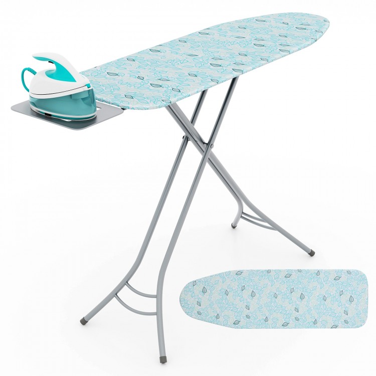 Foldable turquoise ironing board with adjustable height, iron rest, and machine-washable cover for easy cleaning.