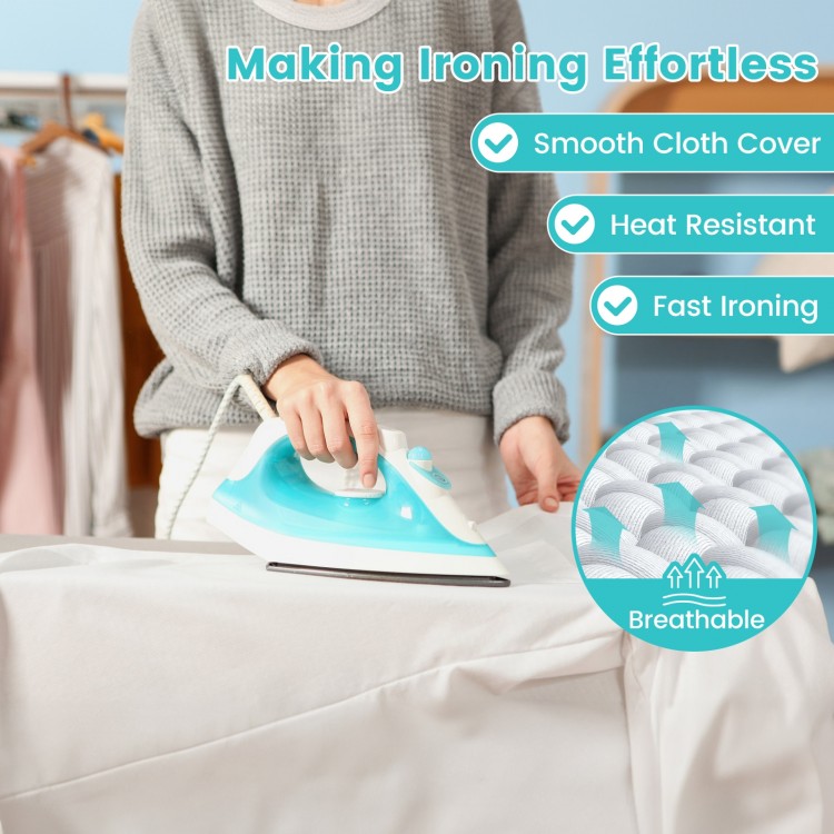 Foldable turquoise ironing board with adjustable height, smooth cloth cover, and sturdy metal frame for easy ironing.