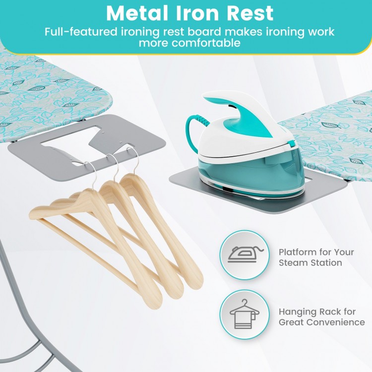 Foldable ironing board with turquoise cover, adjustable height, and metal iron rest for convenient ironing.