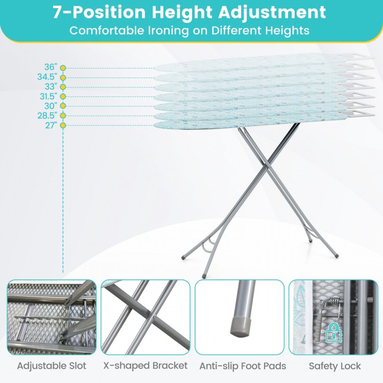 Foldable ironing board in turquoise with 7 height adjustments, sturdy metal frame, and extra iron rest for convenient.