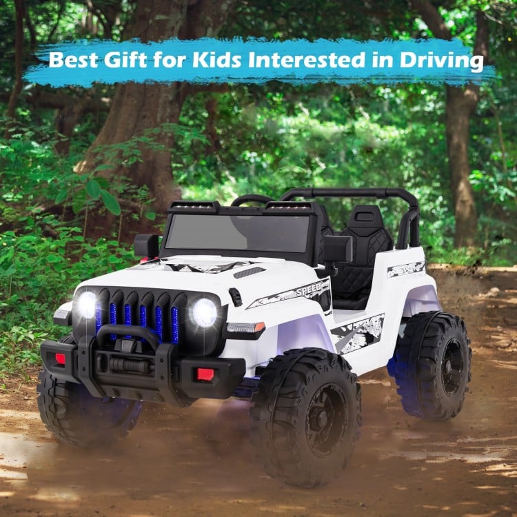 Kids ride-on Jeep car in white with remote control, featuring adjustable speeds and wear-resistant wheels for outdoor.