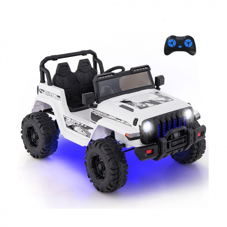 White 12V kids ride-on Jeep car with remote control, featuring adjustable speeds and non-slip wheels for stability.