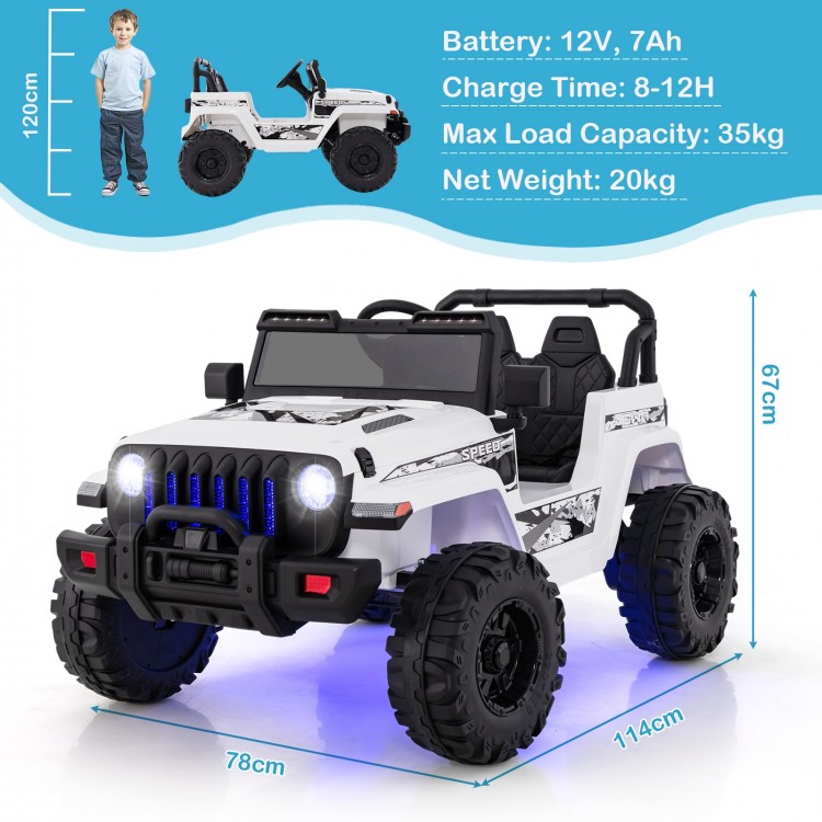 White 12V kids ride-on Jeep with remote control, featuring adjustable speeds and non-slip wheels for outdoor fun.