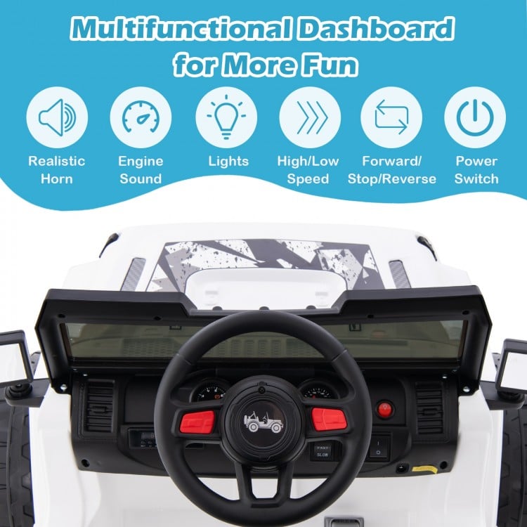 Multifunctional dashboard of the 12V Kids Ride-on Jeep Car featuring realistic controls, lights, and sound for.
