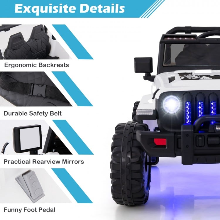 Close-up of the 12V kids ride-on Jeep car's ergonomic backrests, safety belt, and practical rearview mirrors.