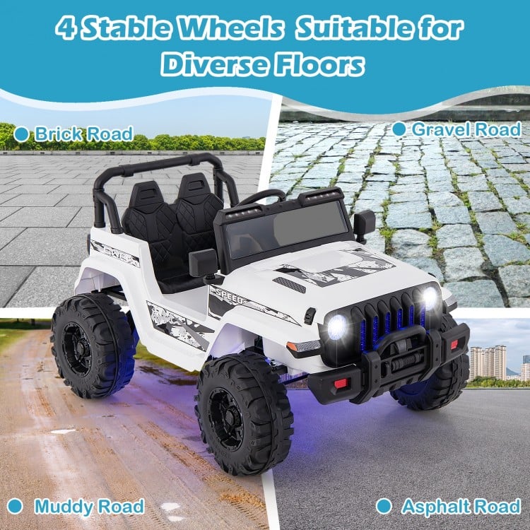 Kids ride-on Jeep car in white with 4 stable wheels, suitable for various terrains like brick and muddy roads.