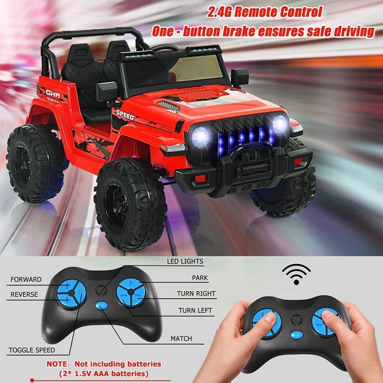 Red 12V kids ride-on Jeep car with 2.4G remote control, featuring adjustable speeds and realistic design for fun.