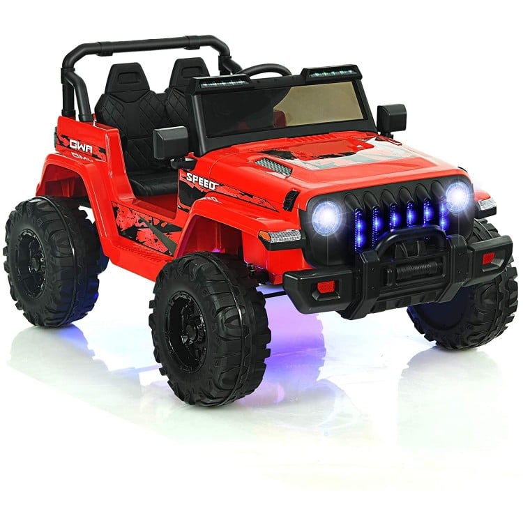 Front view of the red 12V kids ride-on Jeep car with LED lights and a stylish design, perfect for outdoor adventures.