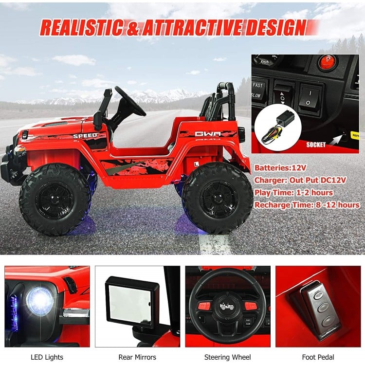 Red 12V kids ride-on Jeep car featuring a control panel, remote control, and realistic design for outdoor fun.