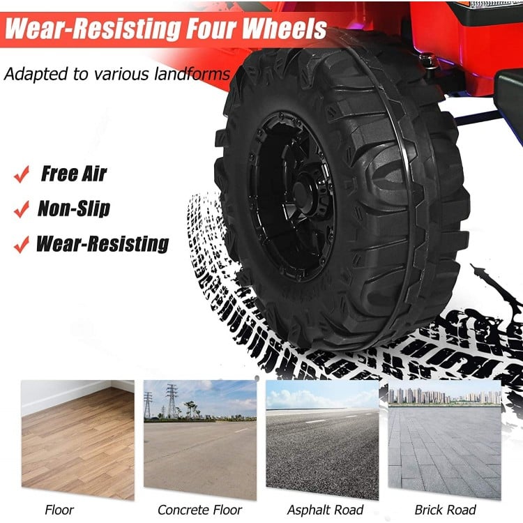 Close-up of the wear-resistant, non-slip wheels of the 12V Kids Ride-on Jeep Car, designed for various terrains.