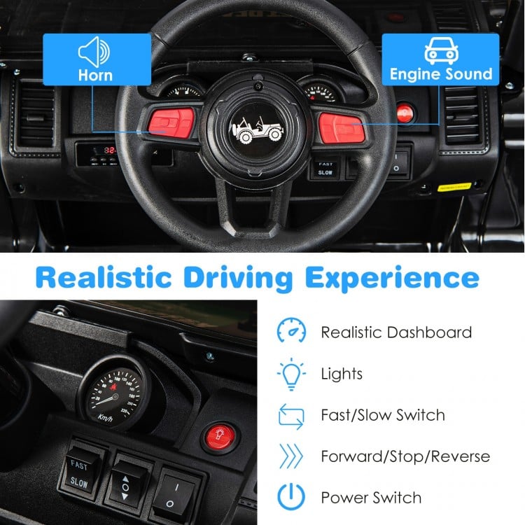 Close-up of the control panel of a 12V kids ride-on Jeep car, featuring realistic dashboard, lights, and driving.