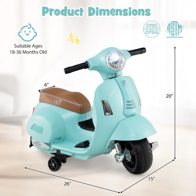 Kids ride-on motorcycle dimensions with LED headlight, horn sound, and training wheels for ages 18-36 months.
