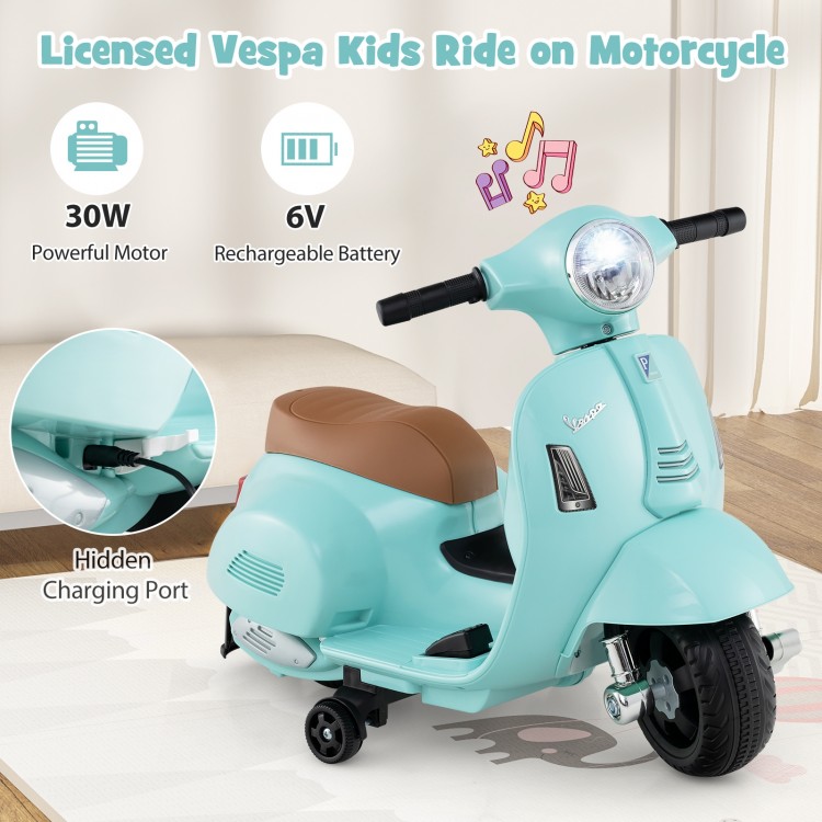 Kids ride-on motorcycle in green with LED headlight, horn sound, and training wheels for safe playtime.