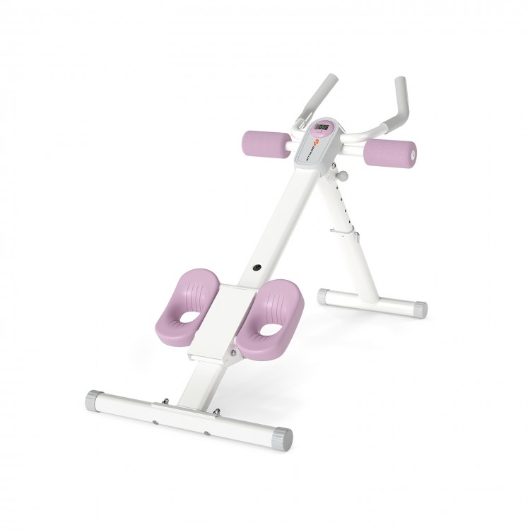 Adjustable abdominal trainer in white with pink accents, featuring padded supports and LCD display for effective.