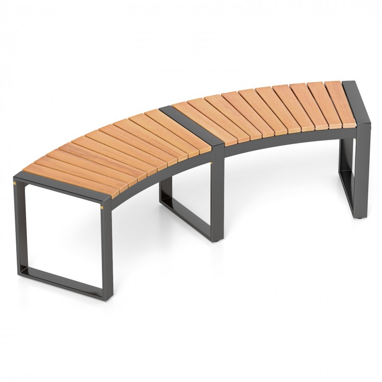 Curved patio bench showcasing durable acacia wood seat and sturdy metal legs, perfect for elegant outdoor settings.
