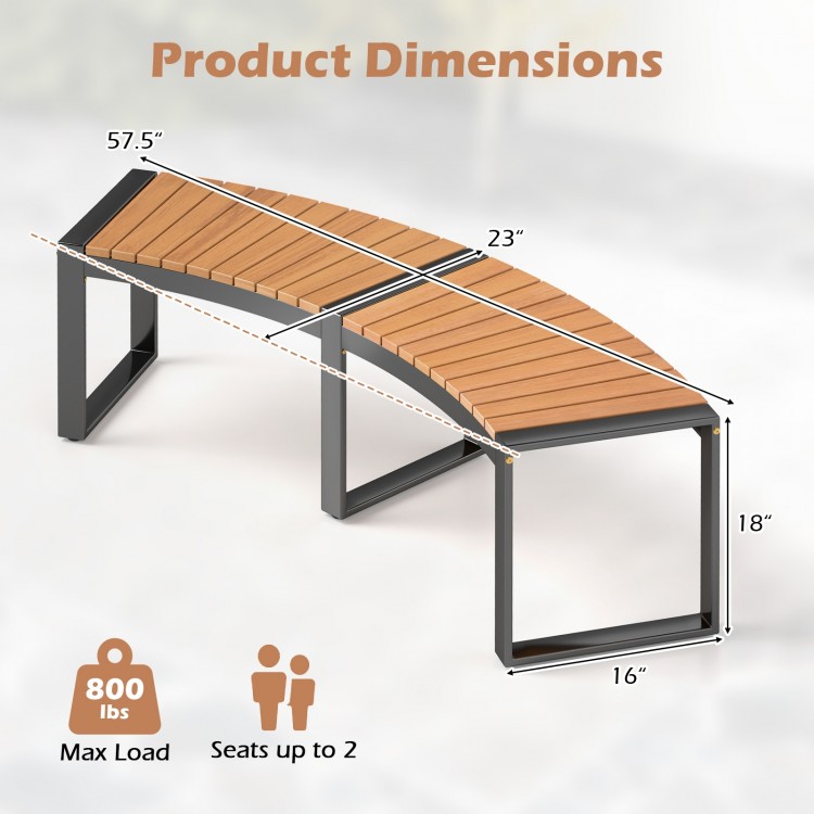Curved patio bench with acacia wood slatted seat and metal legs, dimensions shown, seats up to 2 with 800 lbs max load.