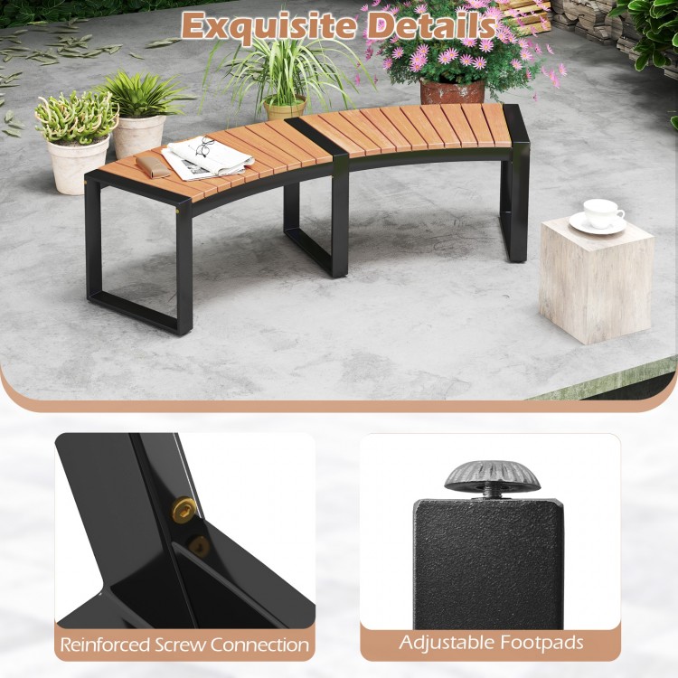Curved patio bench with acacia wood slatted seat and metal legs, featuring adjustable footpads for stability.