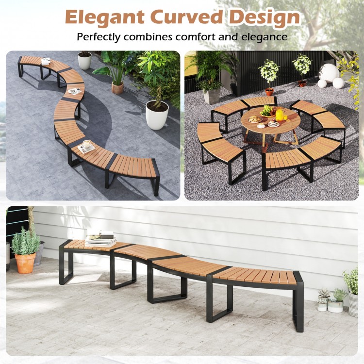 Curved patio bench set with acacia wood slatted seats and metal legs, ideal for backyard and poolside relaxation.