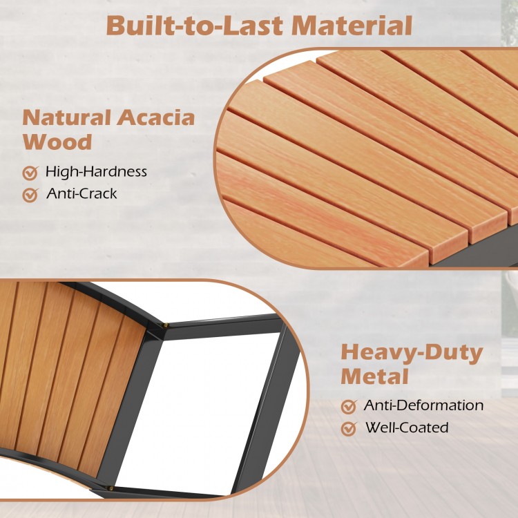 Close-up of the slatted acacia wood seat of the patio curved bench, showcasing its durable and elegant design.