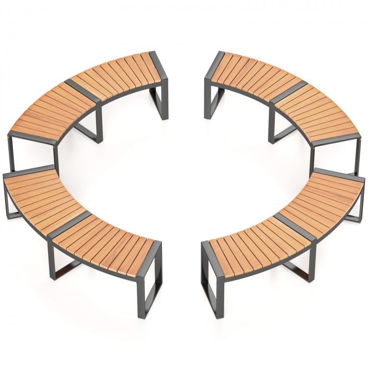 Curved patio bench with slatted acacia wood seat and metal legs, designed for versatile outdoor arrangements.