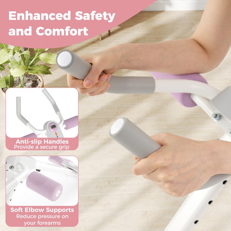 Close-up of adjustable abdominal trainer with anti-slip handles and soft elbow supports for enhanced comfort during.