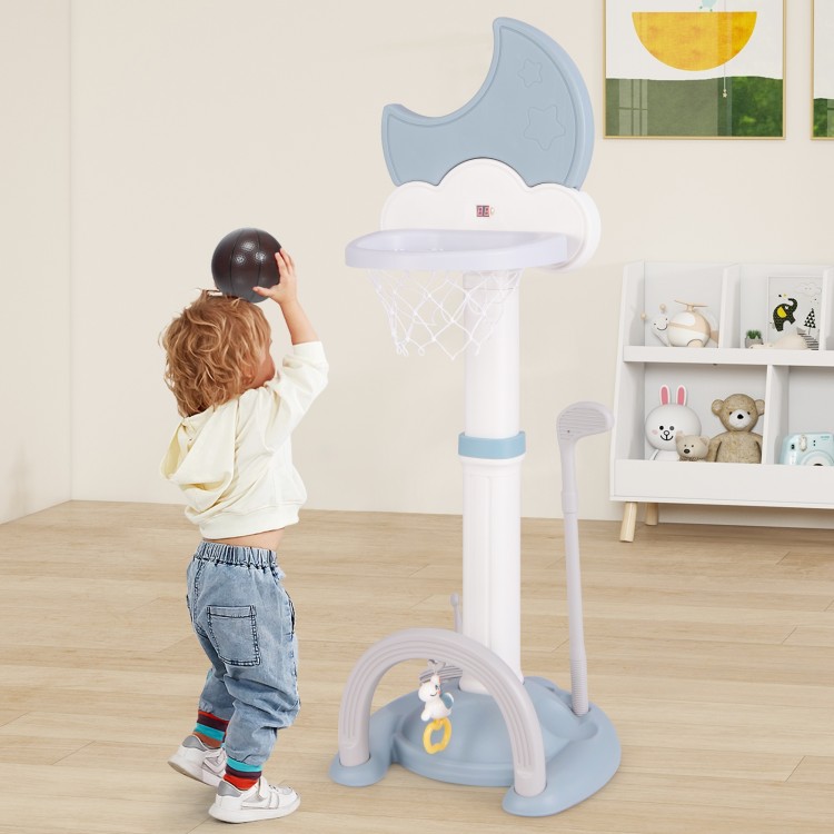 Kids basketball hoop in blue with adjustable height and electronic scoreboard, perfect for indoor and outdoor play.