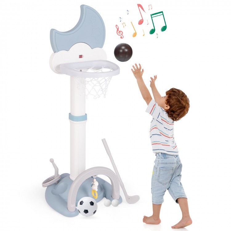 Kids basketball hoop with moon-shaped scoreboard, adjustable height, and accessories for indoor and outdoor play.