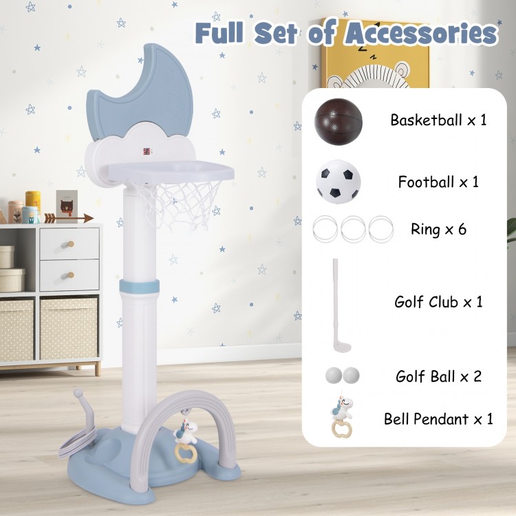 4-in-1 kids basketball hoop in blue with electronic scoreboard and full set of accessories for indoor and outdoor play.