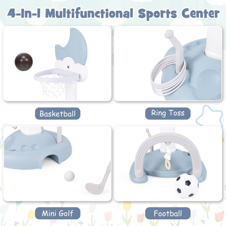 4-in-1 kids basketball hoop set in blue with adjustable height, includes mini golf, ring toss, and football for.