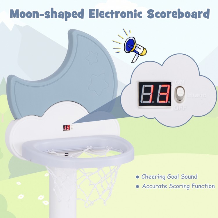 Moon-shaped electronic scoreboard with accurate scoring function for the 4-in-1 kids basketball hoop set in blue.