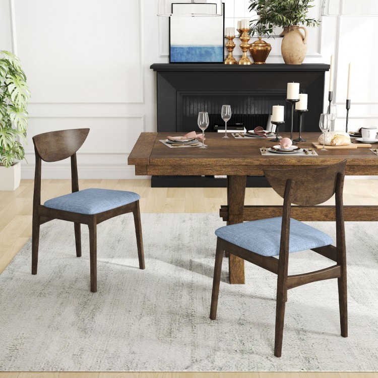 Wooden dining chair set of 2 with brown rubber wood legs and soft blue linen cushions, perfect for dining room comfort.