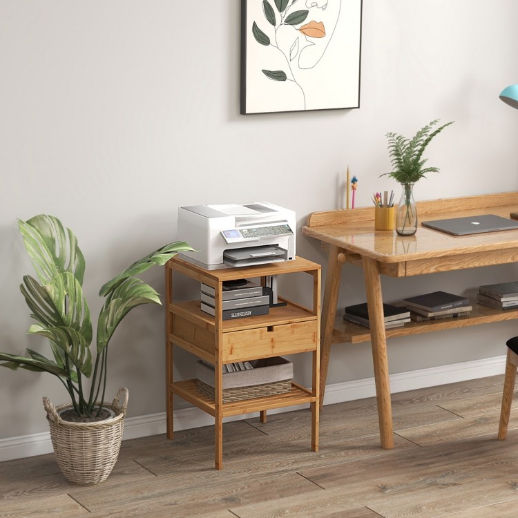 Bamboo nightstand showcasing a 3-tier design with a storage drawer, perfect for organizing bedroom essentials.