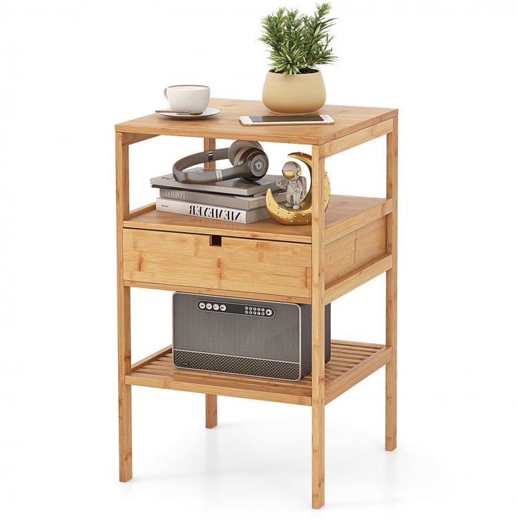 Bamboo nightstand with storage drawer and slatted shelf, featuring a natural finish and sturdy design for bedroom.