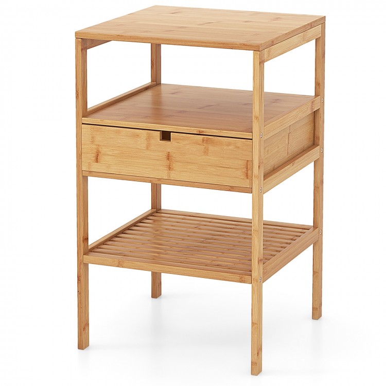 Bamboo nightstand with storage drawer and slatted shelf, featuring a natural finish and sturdy design for bedroom use.