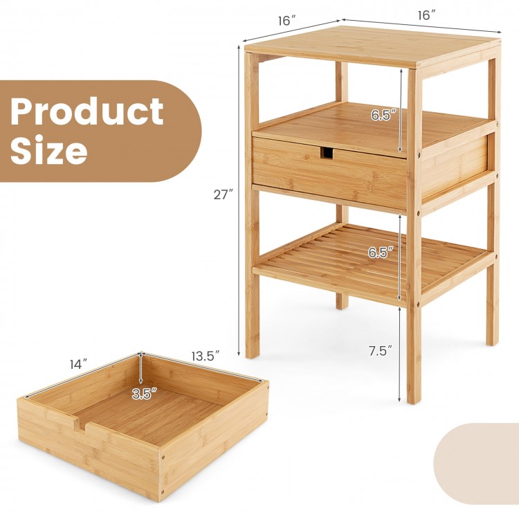 Bamboo nightstand with slatted shelves and storage drawer, 3-tier design for bedroom essentials, natural color.
