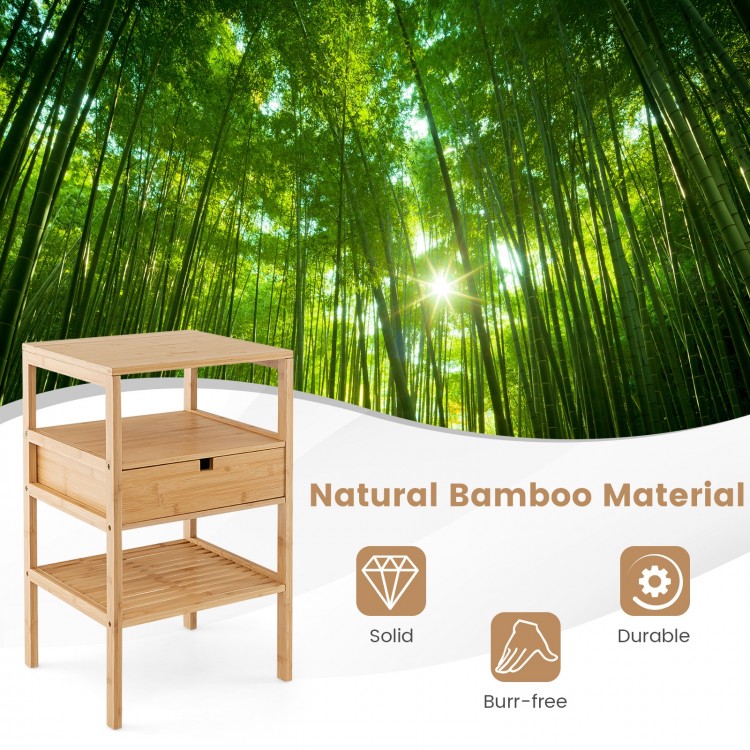 Bamboo nightstand with storage drawer and slatted shelf, sturdy and durable for bedroom essentials.
