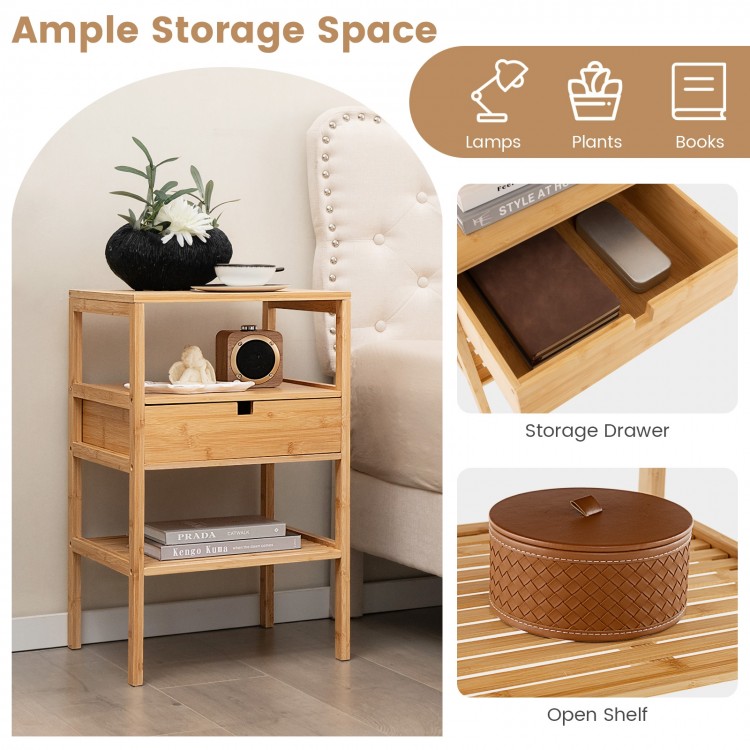 Bamboo nightstand showcasing a storage drawer and slatted shelf, designed for easy organization of bedside items.