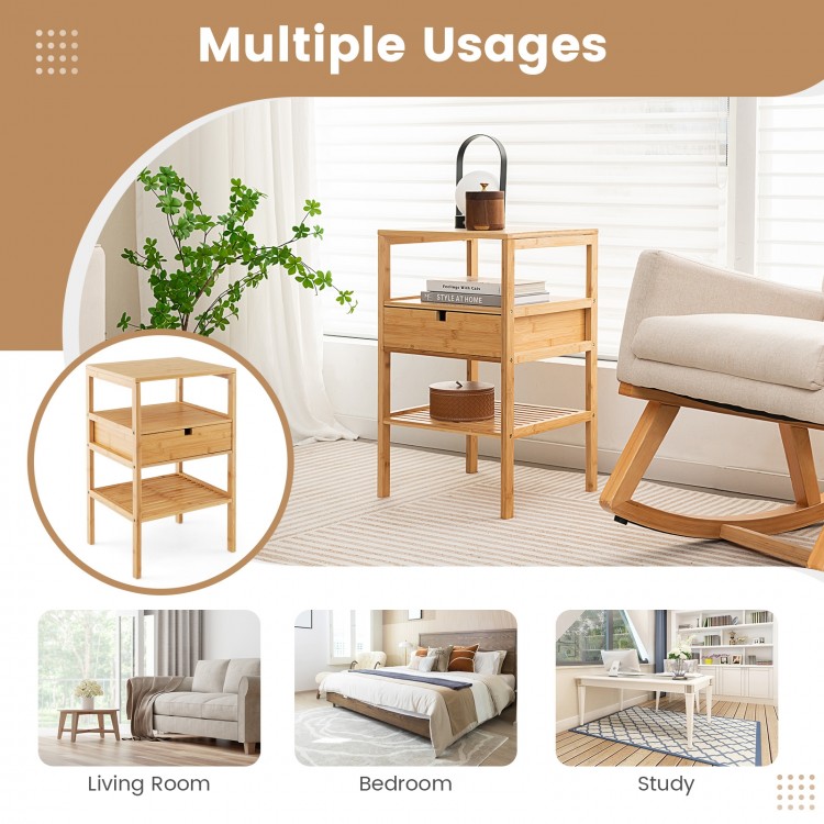 Bamboo nightstand with storage drawer and slatted shelf, featuring a natural finish for versatile bedroom or living.